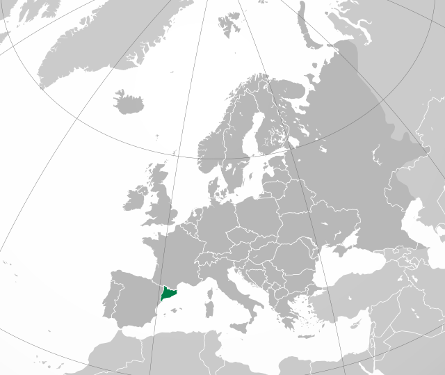 Каталония (выделена зелёным цветом) на карте Европы (выделена серым цветом)