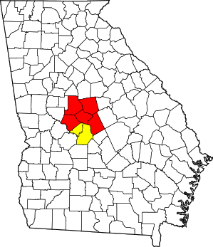 Mapa de localización del área estadística combinada de Macon-Warner Robins-Fort Valley en el centro de Georgia.