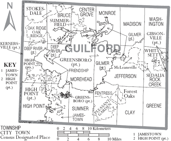 Map of Guilford County with municipal and township labels