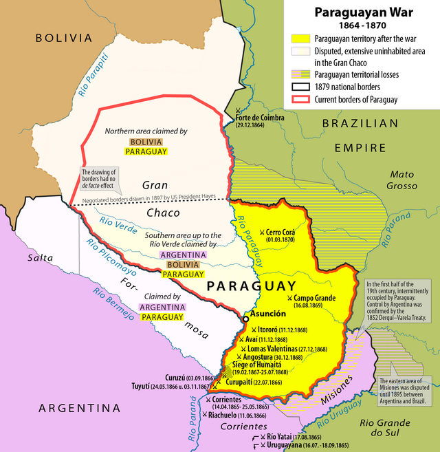 A This map illustrates the land that Paraguay lost during the Triple Alliance war against Brazil and Uruguay.