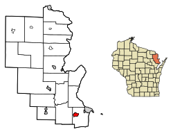 Location of Peshtigo in Marinette County, Wisconsin.