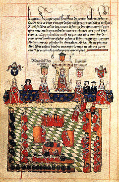 Below a piece of text is seen a king on a throne on a podium. On either side is seen a king and a bishop in front of the podium and clerks behind it. In front of this sit several lay and ecclesiastical lords, and more clerks, in a square on a chequered floor.