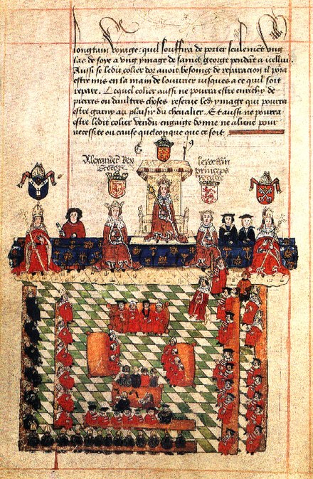 A depiction of a meeting of the English Parliament in 1278 in which King Alexander III is shown sitting at King Edward I's right.