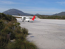 A tourist plane prepares for take-off from the Melaleuca Airstrip in the South West Wilderness of Tasmania Melaleuca Airstrip SW Tas.jpg