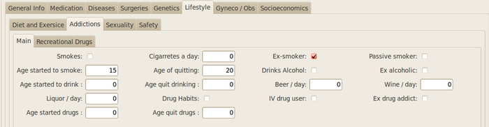 GNU Health - Lifestyle - Addictions tab