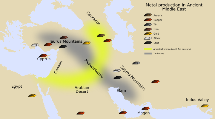 Mining areas of the ancient Middle East. Boxes colors: arsenic in brown, copper in red (the important mines of the Arabah, Timna and Feynan, are missing from the map), tin in grey, iron in reddish brown, gold in yellow, silver in white and lead in black. The yellow area stands for arsenic bronze, while grey area stands for tin bronze