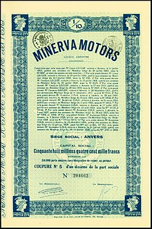 Part Sociale of the Minerva Motors S.A., issued 19. February 1929 Minerva Motors 1929.jpg