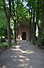 Moers (North Rhine-Westphalia, Germany) – cemetery at Klever Straße – chapel with avenue