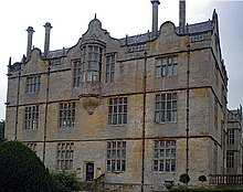 The North and South elevations are identical and have oriel windows at second floor level; these terminate the Long Gallery Montacute House side view - geograph.org.uk - 2540018.jpg