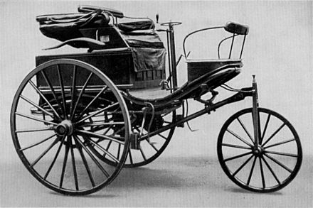 The Benz Patent-Motorwagen Number 3 of 1888, used by Bertha Benz for the highly publicized first long-distance road trip by automobile (of over 106  km / 60 miles)