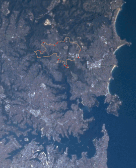 NASA image STS079-834-6 of Sydney cropped and modified to show Frenchs Forest borders.gif