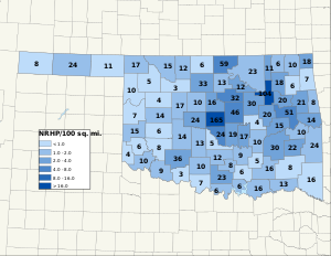 Distribuição de NRHPs nos condados de Oklahoma.