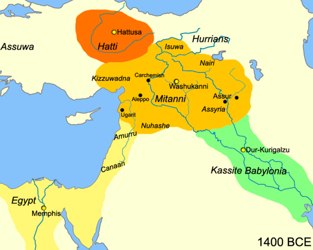 Mitanni op zijn hoogtepunt ca. 1400 v.Chr.