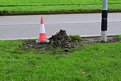 Here, a hole has been dug next to an older metal post ahead of the installation of a new Fabrikat later in the afternoon, signed off with a construction cone.