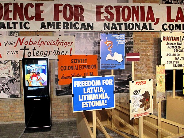 Baltic exilee protest signs from the second half of the 20th century against the Soviet occupation of the Baltic States.