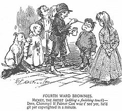 Richard F. Outcault's last Hogan's Alley cartoon for Truth magazine, Fourth Ward Brownies, was published on 9 February 1895 and reprinted in the New York World newspaper on 17 February 1895, beginning one of the first comic strips in an American newspaper. The character later known as the Yellow Kid had minor supporting roles in the strip's early panels. This one refers to The Brownies characters popularized in books and magazines by artist Palmer Cox. Outcault 4th ward brownies.jpg