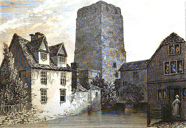 St George's Tower in 1832, viewed from across the Castle Mill Stream; the water mill (Castle Mill) is visible, immediately to the right of the tower, 