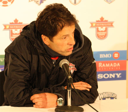 Preki at a press conference as the club's head coach; he coached the club from November 2009 to September 2010