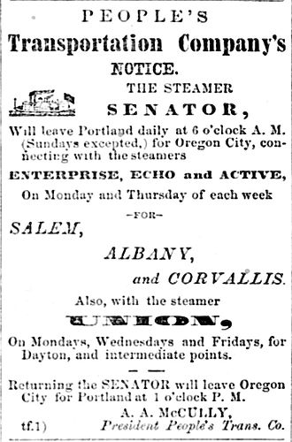 Advertisement for Senator and other steams, November 3, 1866. PTCo ad 03 Nov 1866.jpg