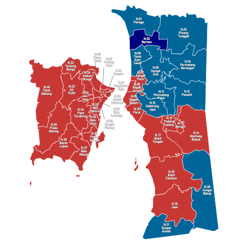 Electoral map of Penang. showing all 40 constituencies