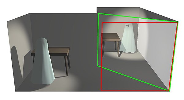 A viewer looking through the red rectangle sees a ghost floating next to the table. The illusion is produced by a large piece of glass, Plexiglas or p