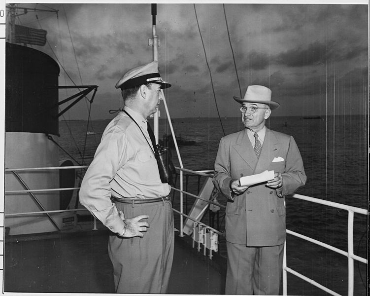 File:Photograph of President Truman with Rear Admiral Robert Dennison, Naval Aide to the President, aboard the U.S.S.... - NARA - 199038.jpg