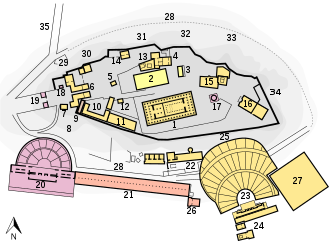 Diachronic plan of the Acropolis of Athens, showing the Beule Gate (19). The Odeon of Herodes Atticus is numbered 20 and the Stoa of Eumenes 21. The original location of the Choragic Monument of Nikias is numbered 26. Plan Acropolis of Athens colored.svg