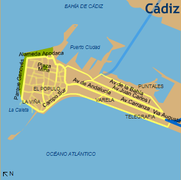 Plano de Cádiz. Aparece, en celeste, el nuevo acceso a la ciudad, el Puente de la Constitución de 1812.