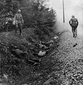 Zwei deutsche Soldaten betrachten polnische Leichen in einer Grube