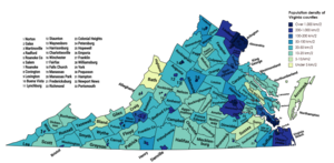 Mappa delle contee della Virginia colorata in base alla densità di popolazione, che va dal giallo pallido, al verde, al blu scuro.