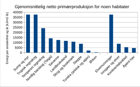 Diagram som viser primærproduksjon i ulike biomer