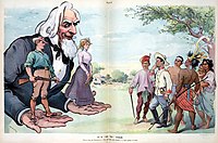 It's "up to" them. Illustration shows Uncle Sam offering on one hand a soldier and on the other a "School Teacher" to a group of reluctant Filipinos, telling them that the choice is theirs. 1901