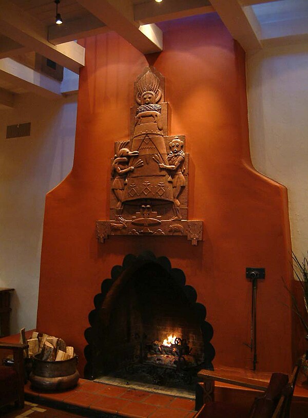 Fireplace in La Fonda Hotel, Santa Fe, New Mexico, 1929