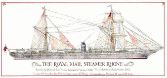 The RMS Rhone, sunk on 29 October 1867 in a hurricane, killing 123 people. RMS Rhone Royal Mail Ship.gif