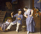Мужчина прядёт пряжу с крестьянкой и младенцем в плетёной кроватке.