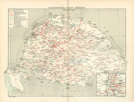 Railway network of Kingdom of Hungary in the 1910s. Red lines represents the Hungarian State Railways, blue, green and yellow lines were owned by private companies in Hungary