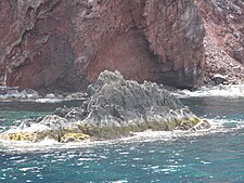 A detail of the west coast shows the reddish volcanic rock cliffs and a small rock islet with a visible intertidal algal zone, 2011