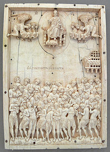 An example of Macedonian-era ivorywork from Constantinople: the Forty Martyrs of Sebaste, now in the Bode Museum, Berlin Relieftafel 40 Martyrer von Sebaste Bodemuseum.jpg