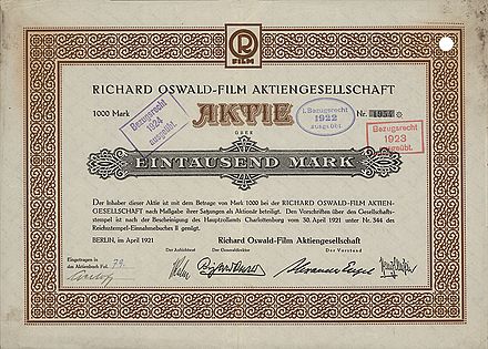 Aktie über 1000 Mark der Richard-Oswald-Film AG vom April 1921