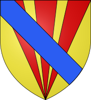 Arms of Baron Ridel of Wittering:- Or, 3 piles in point gules, surmounted by a bend azure. Ridel of Wittering arms.svg