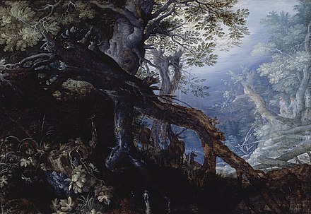 A less typical, but forward-looking, pure landscape by Roelandt Savery, Forest with deer, 1608–1610.