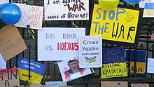 Ukrainian anti war signs against the Russian invasion of Ukraine Russian Embassy London - Ukraine - Anti-War signs 27Feb2022 (2).jpg