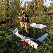 A Russian Orlan-10 drone shot down by the National Guard of Ukraine in Luhansk Oblast, April 2022 Russian drone shot down by National Guard of Ukraine, 23 April 2022.jpg