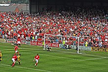 5 May 2007: Ryan Valentine scores the goal against Boston that keeps Wrexham in the Football League Ryan Valentine scores.jpg
