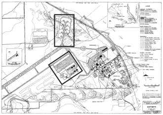 In this Department of the Air Force site master plan for Wurtsmith Air Force Base from October 1957, the top box highlight the Christmas tree for bombers on ready alert, while the bottom box is the stubbed apron where aerial refueling tankers were kept. SAC Christmas tree alert apron, background center. Proto-alert stubbed apron and tanker pen, center. Wurtsmith Air Force Base.png