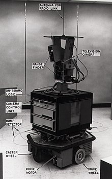 A* was invented by researchers working on Shakey the Robot's path planning. SRI Shakey with callouts.jpg