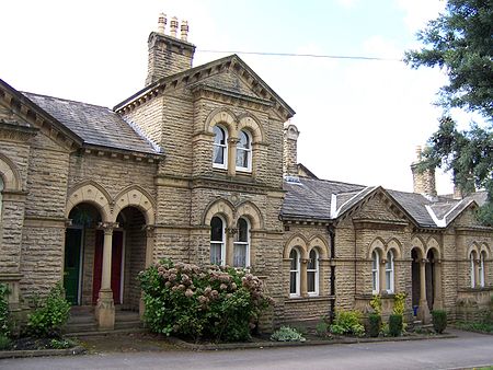 Almshouses in Saltaire, Yorkshire, typical of the architecture of the whole village Saltaire Almshouses.jpg