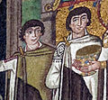 San vitale, ravenna, int., presbiterio, mosaici di teodora e la sua corte 09 due ministri.jpg