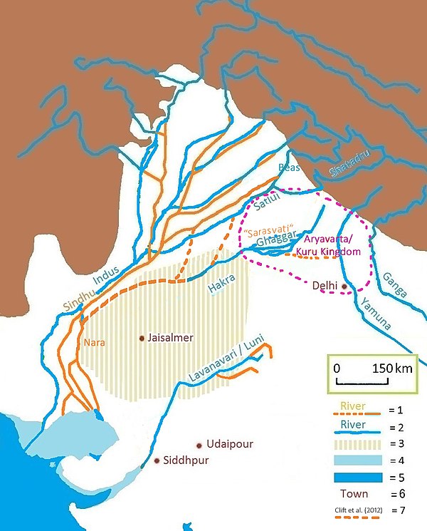 Present-day Gagghar-Hakra river-course, with (pre-)Harappan paleochannel as proposed by Clift et al. (2012). 1 = ancient river 2 = today's river 3 = t