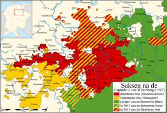 Saxony after the 1547 Capitulation of Wittenberg:  Albertine lands of Maurice (now with electoral privilege, acquisitions, including previously shared lands)  Ernestine lands of John Frederick (now stripped of the electoral privilege)  Lands of the Bohemian Crown, plus acquisitions